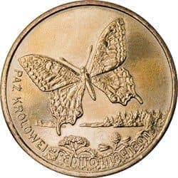 Монеты с насекомыми - Бабочка Махаон, Польша 2 злотых 2001 реверс